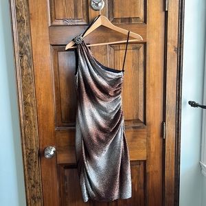 Maggie London one shoulder silver and bronze fitted dress